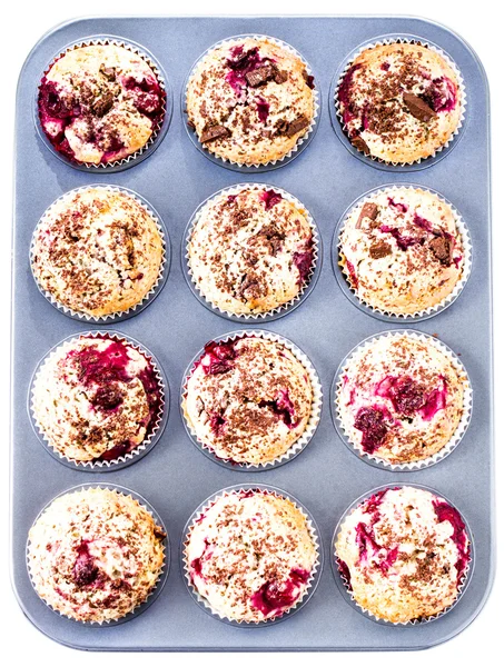 Homemade chocolate and cherry muffins in paper cupcake holder in — Stock Photo, Image