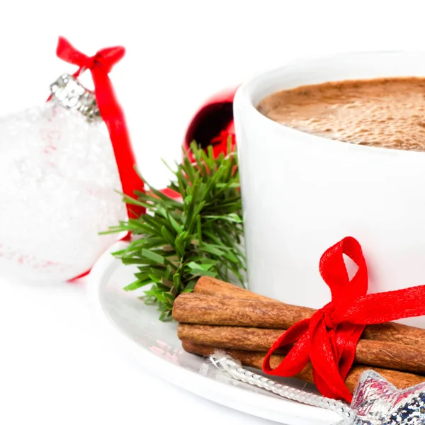 Hot Chocolate, christmas ball, cinnamon sticks and tree branch — Stock Photo, Image