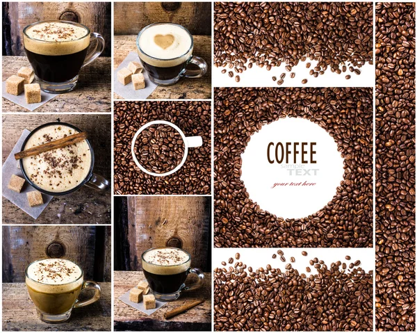 Café expreso, capuchino, moca y granos de café — Foto de Stock