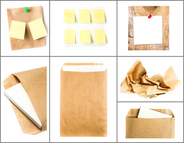 Zakelijke collage met gerecycleerd papier brief envelop, kleverige nota's en verfrommeld Kraft papier — Stockfoto