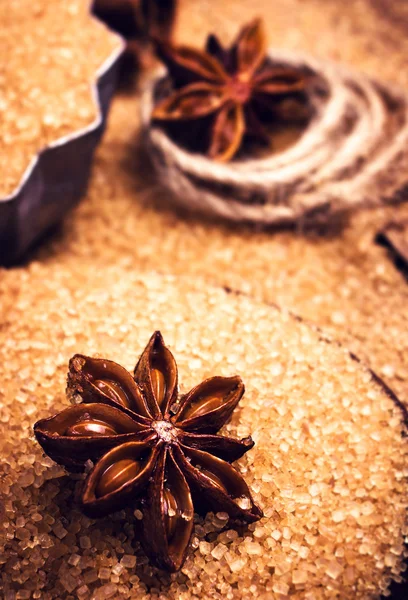Bastoncini di cannella e anice stellato su macro zucchero di canna — Foto Stock