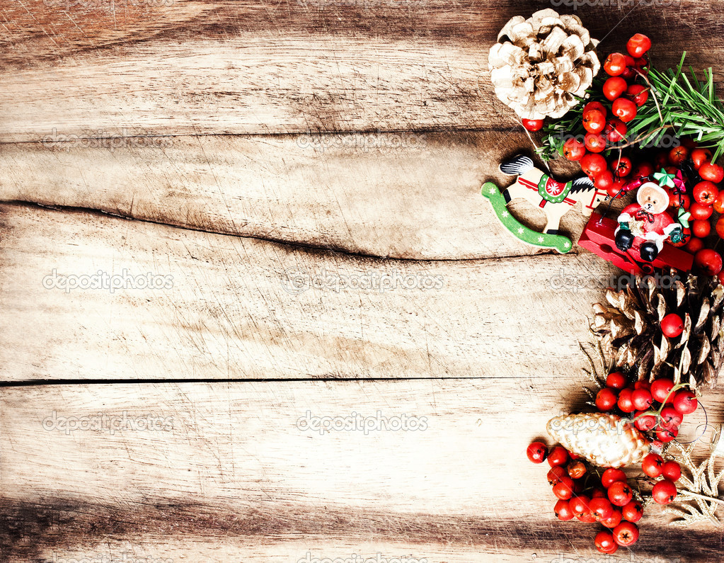 Rustic Christmas decoration on natural wooden board texture Stock Photo ...
