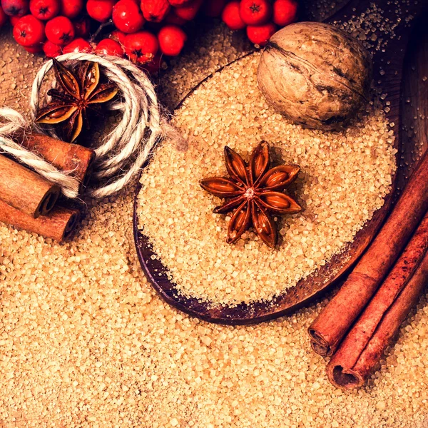 Brown sugar, spices, cinnamon, star anise and nuts — Stock Photo, Image