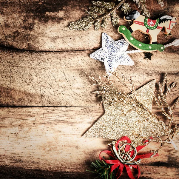 Vintage Christmas Decoration on natural wooden textured background — Stock Photo, Image