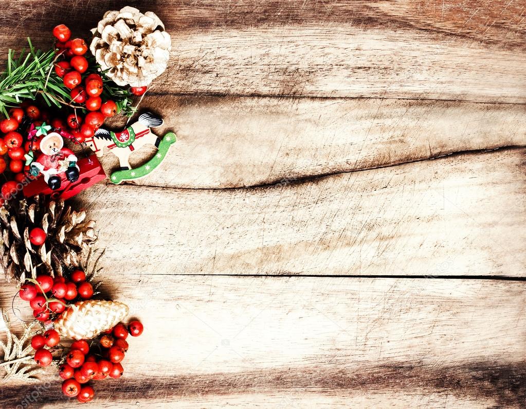 Vintage Christmas Decoration on natural wooden textured background ...