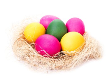 bir yuvaya beyaz arka plan üzerinde renkli Paskalya yumurtaları yakın çekim.