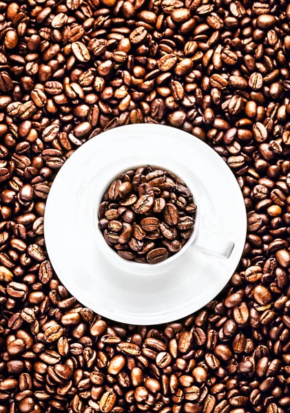 Tazza di caffè bianco con piattino pieno di chicchi di caffè tostato — Foto Stock