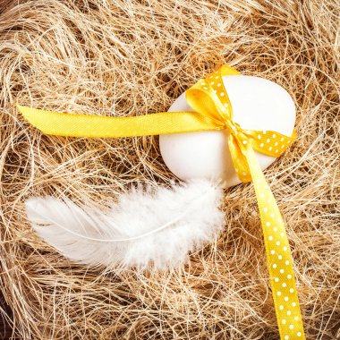Paskalya nest yumurta, sarı kurdele ve beyaz tüy