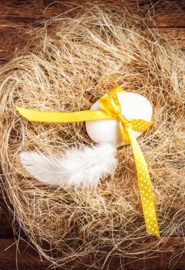 Paskalya nest yumurta, sarı kurdele ve beyaz tüy