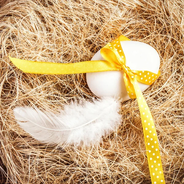 Nido de Pascua con Huevo, Cinta Amarilla y Pluma Blanca —  Fotos de Stock