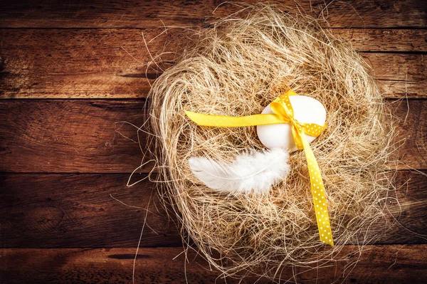 Nid de Pâques avec oeuf, ruban jaune et plume blanche — Photo