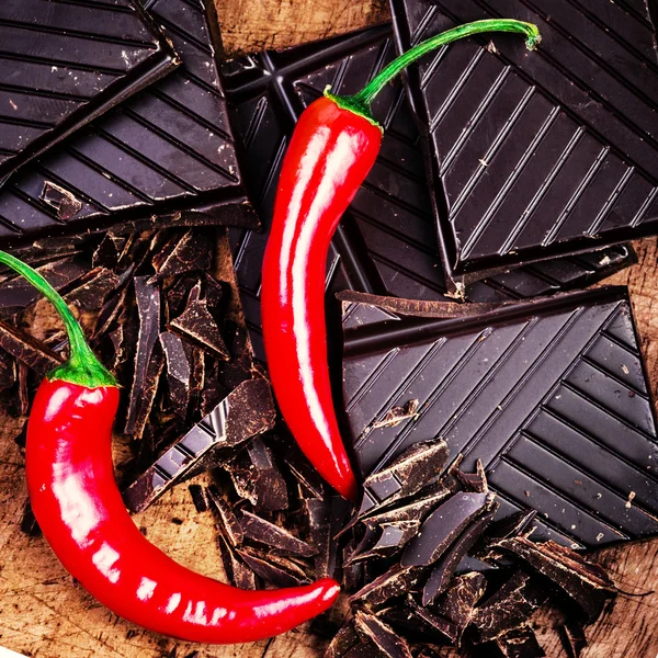 Červené chilli s nasekané čokolády — Stock fotografie