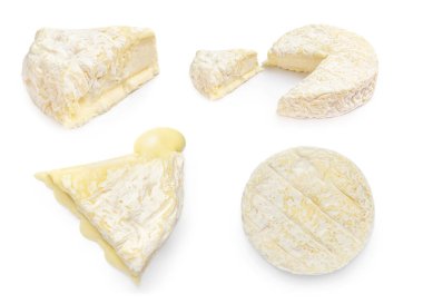 Beyaz arka planda yalıtılmış Brie veya Camambert peyniri. Camembert peyniri üçgeni