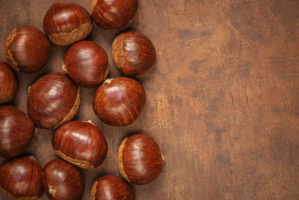 Kaštany Staré Desce Kopírovacím Prostorem Koncept Podzimu Horse Chestnuts Top — Stock fotografie