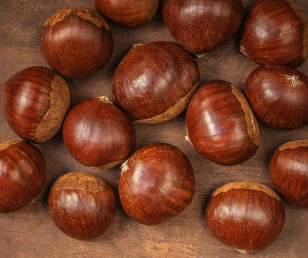 Kaštany Staré Desce Kopírovacím Prostorem Koncept Podzimu Horse Chestnuts Top — Stock fotografie