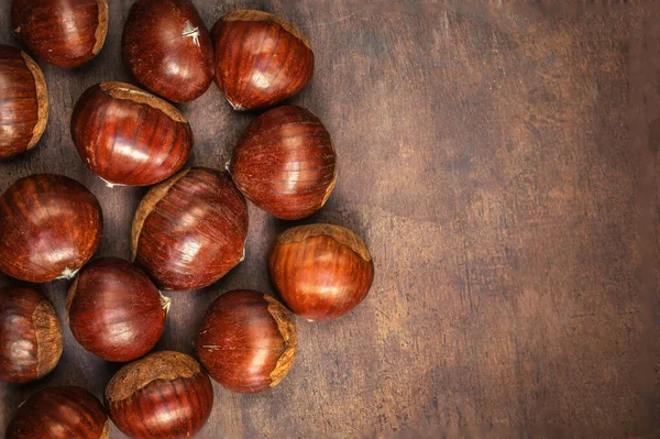Chestnuts Old Board Copy Space Autumn Fall Concept Horse Chestnuts — Stock Photo, Image