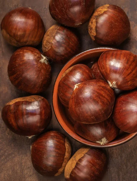 Chestnuts Old Board Copy Space Autumn Mood Horse Chestnuts Top — Stock Photo, Image