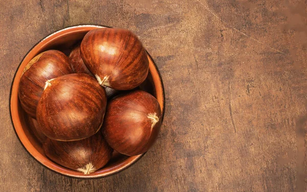 Sweet Chestnuts Old Rustic Wooden Table Plenty Copy Space Autumn — Stock Photo, Image