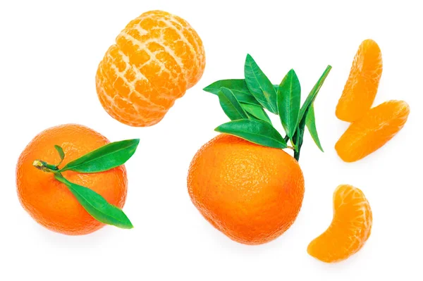 Tangerine Clementine Oranges Fruits Green Leaf Isolated White Background Fresh — Stock Photo, Image