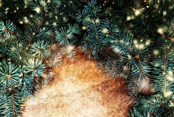Christmas Background Fir Tree Sparkling Lights Wooden Backdrop Copyspace Vintage — Stock Photo, Image