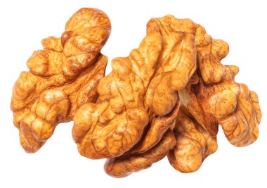 Ceviz soyutlandı. Beyaz arka planda ceviz çekirdeği. Üst Manzara. Düz la