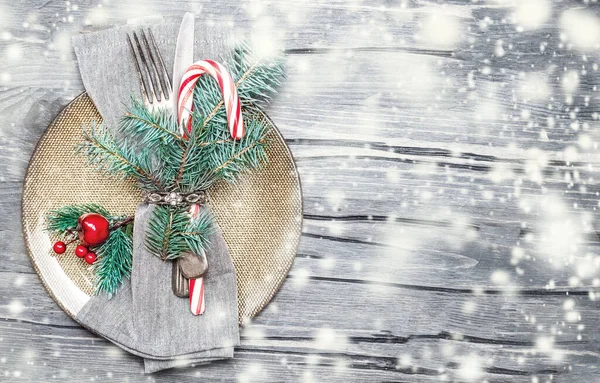 Christmas Dining Table Setting Decorations Grey Table Holidays Background Copyspac — Stock Photo, Image