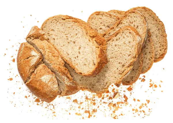 Pão Recém Assado Com Migalhas Isoladas Fundo Branco Pão Trigo — Fotografia de Stock