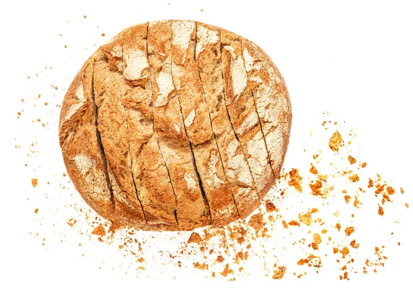 Beyaz Arka Planda Kırıntıları Olan Taze Pişmiş Ekmek Dilimlenmiş Kesilmiş — Stok fotoğraf