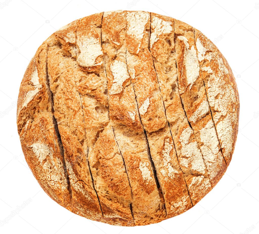 Freshly baked Bread with crumbs  isolated on white background.  Sliced, cutted wheat bread.