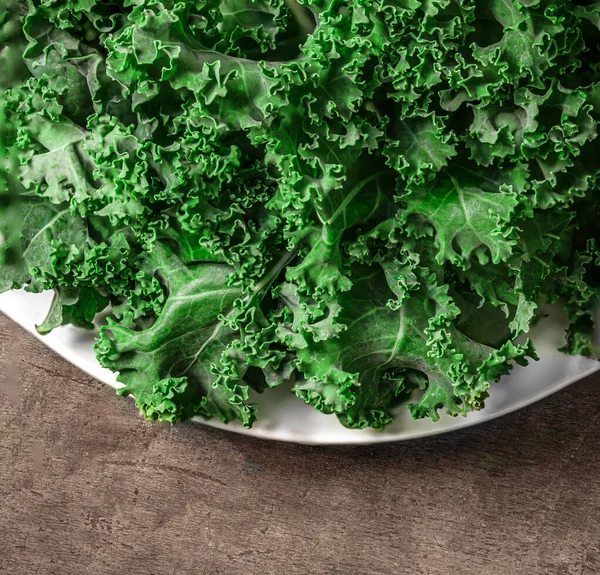 Kale Leaf Salad Vegetable Wooden Background Kale Closeup Plate Flat — Stock Photo, Image