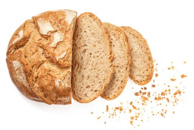 Wholegrain Organic  Bread with crumbs  isolated on white background.  Sliced, cutted wheat bread. clipart