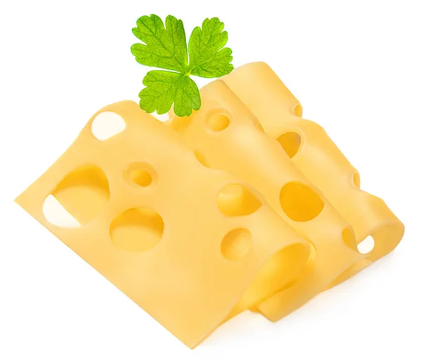 Käse Mit Loch Isoliert Käsescheiben Auf Weißem Hintergrund Top Vie — Stockfoto