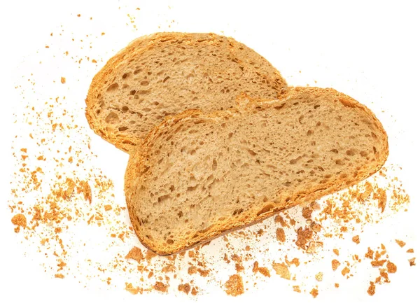 Brot Scheiben Isoliert Auf Weißem Hintergrund Brotkrumen Und Frische Brotscheiben — Stockfoto