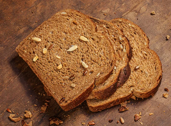 Sliced Dark Wholegrain Bread Ructic Wooden Table Closeup Fresh Bread — Stock Photo, Image