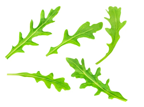 Groene Rucola Bladeren Geïsoleerd Witte Achtergrond Verse Arugula Collectie Kletskoek — Stockfoto