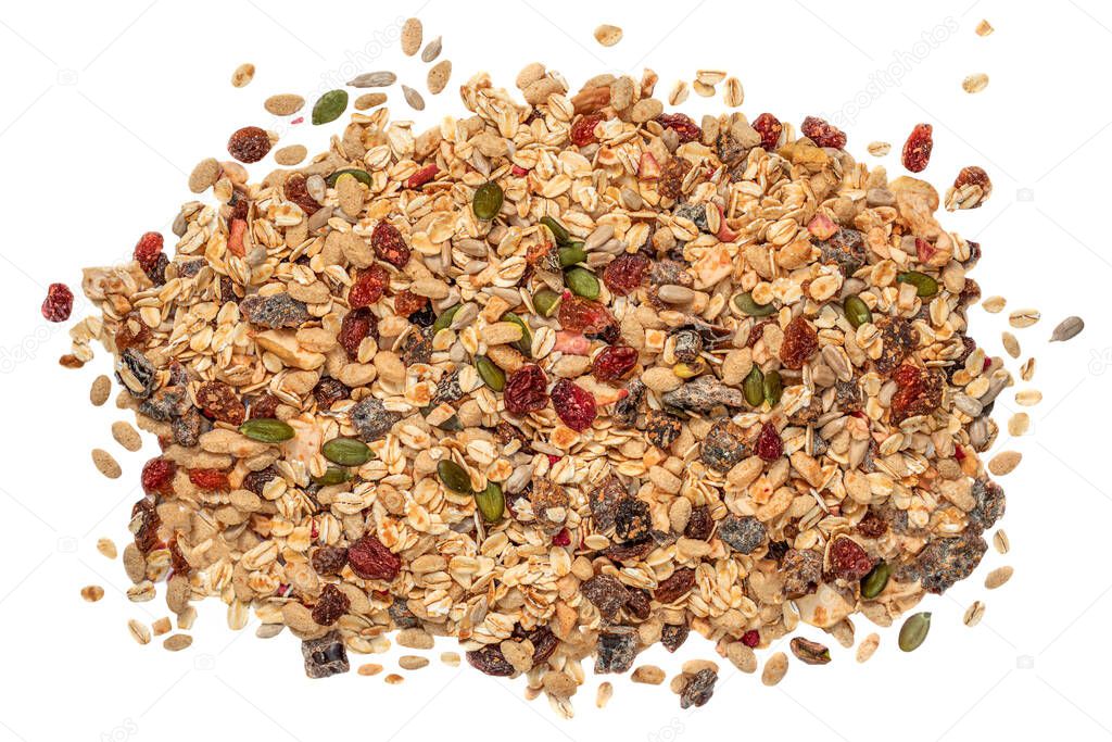 Oat flakes with Nuts, seeds and dried fruits isolated on white background. Granola Flat lay. Top vie