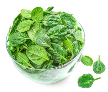 Bowl of Spinach leaves isolated on white background. Fresh Spinach Closeup. View from abov