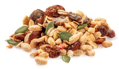 Nuts and seeds isolated over the white background. Creative layout made of granola or muesli Flat lay.