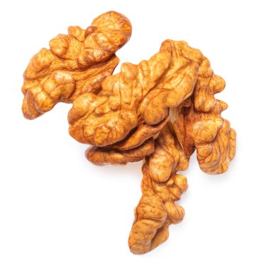 Ceviz soyutlandı. Beyaz arka planda ceviz çekirdeği. Üst Manzara. Düz la