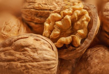 Walnuts kernels as a background, Whole walnut close up, organic  food concep