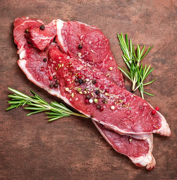 Fresh Beef Steak Meat Old Wooden Table Raw Meat Spices —  Fotos de Stock