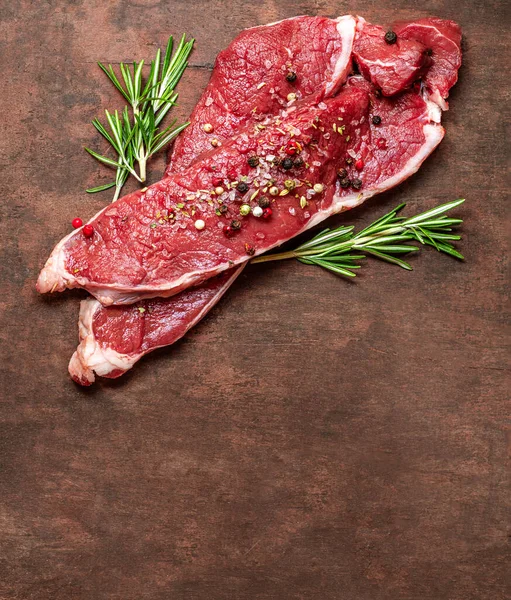 Fresh Raw Beef Steak Meat Old Wooden Table Copyspace Top —  Fotos de Stock