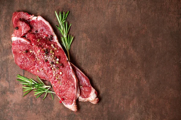 Fresh Raw Beef Steak Meat Old Wooden Table Copyspace Top —  Fotos de Stock