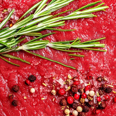 Fresh beef steak as a  background, top view. Meat Patttern with spices and herb