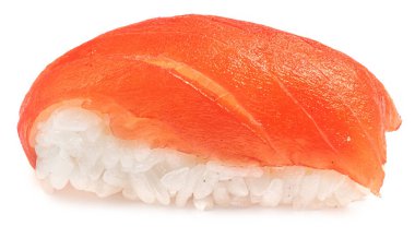 Sushi with rice and salmon  isolated on white background.  Japan restaurant menu