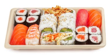 Nigiri Sushi rolls set isolated on a white background. Japan restaurant menu. Sushi with salmon, tuna and avocado. Top view. Flat la