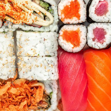 Sushi Pattern. Sushi set with rice, salmon  and shrimps top view. Japan restaurant menu