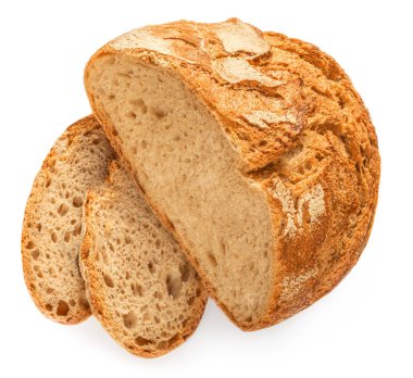 Bread loaf with  slices viewed from above isolated on white background. 