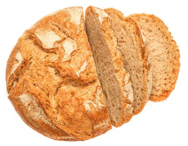 Bread loaf with bread  slices viewed from above isolated on white background. Top view. Flat lay.