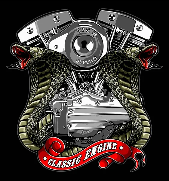 Çift motorlu, iki yılan tarafından kuşatılmış.